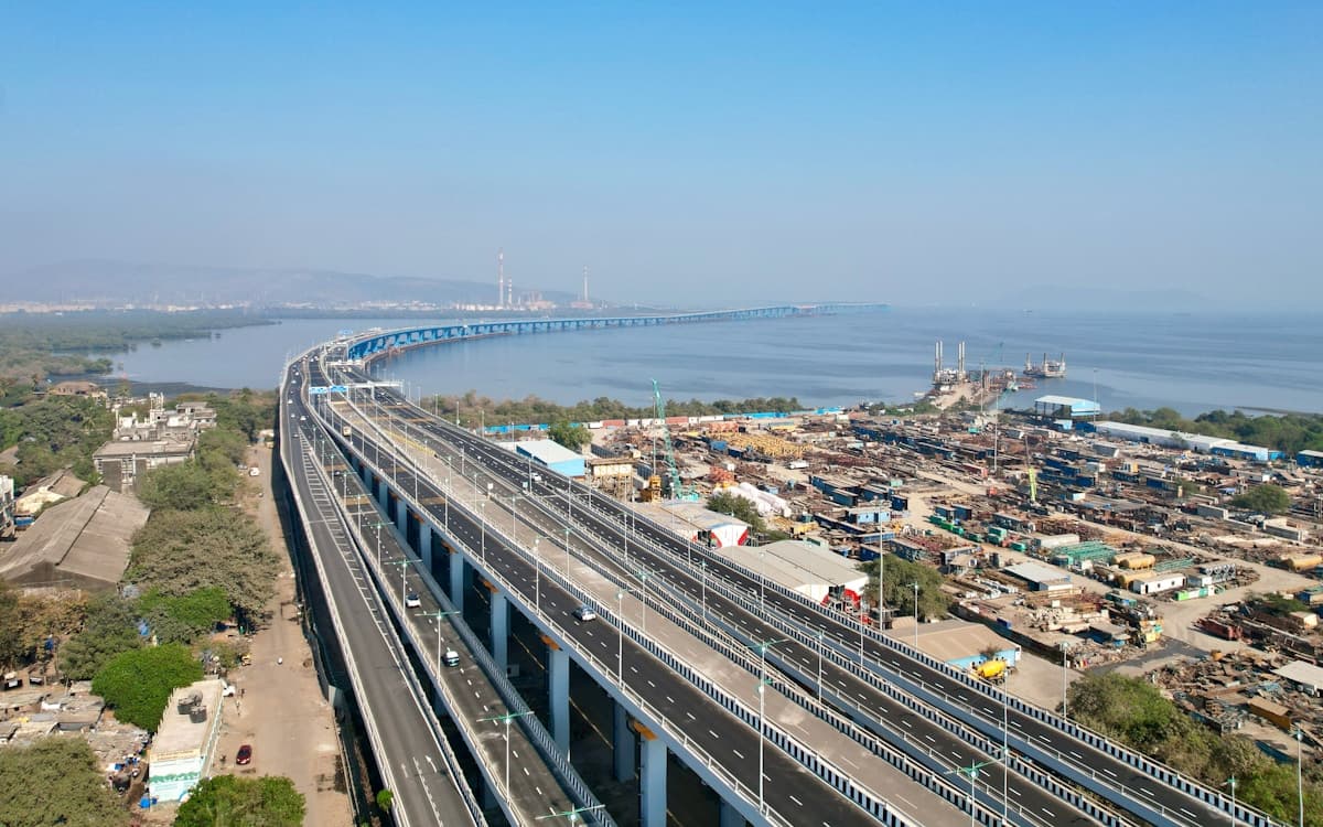 Aerial drone view of elevated highway bridge and waterway
